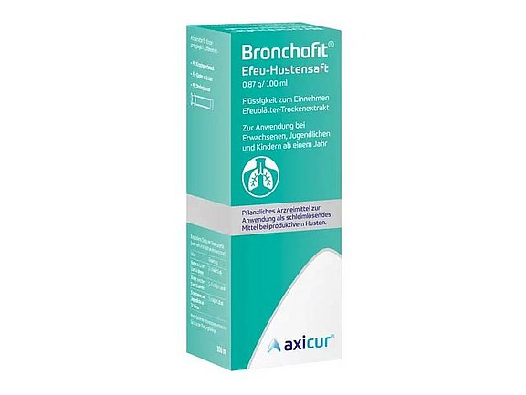 Türkisfarbene und weiße Schachtel Bronchofit Efeu Hustensaft von Axicur für Erwachsene und Kinder, 100 ml.